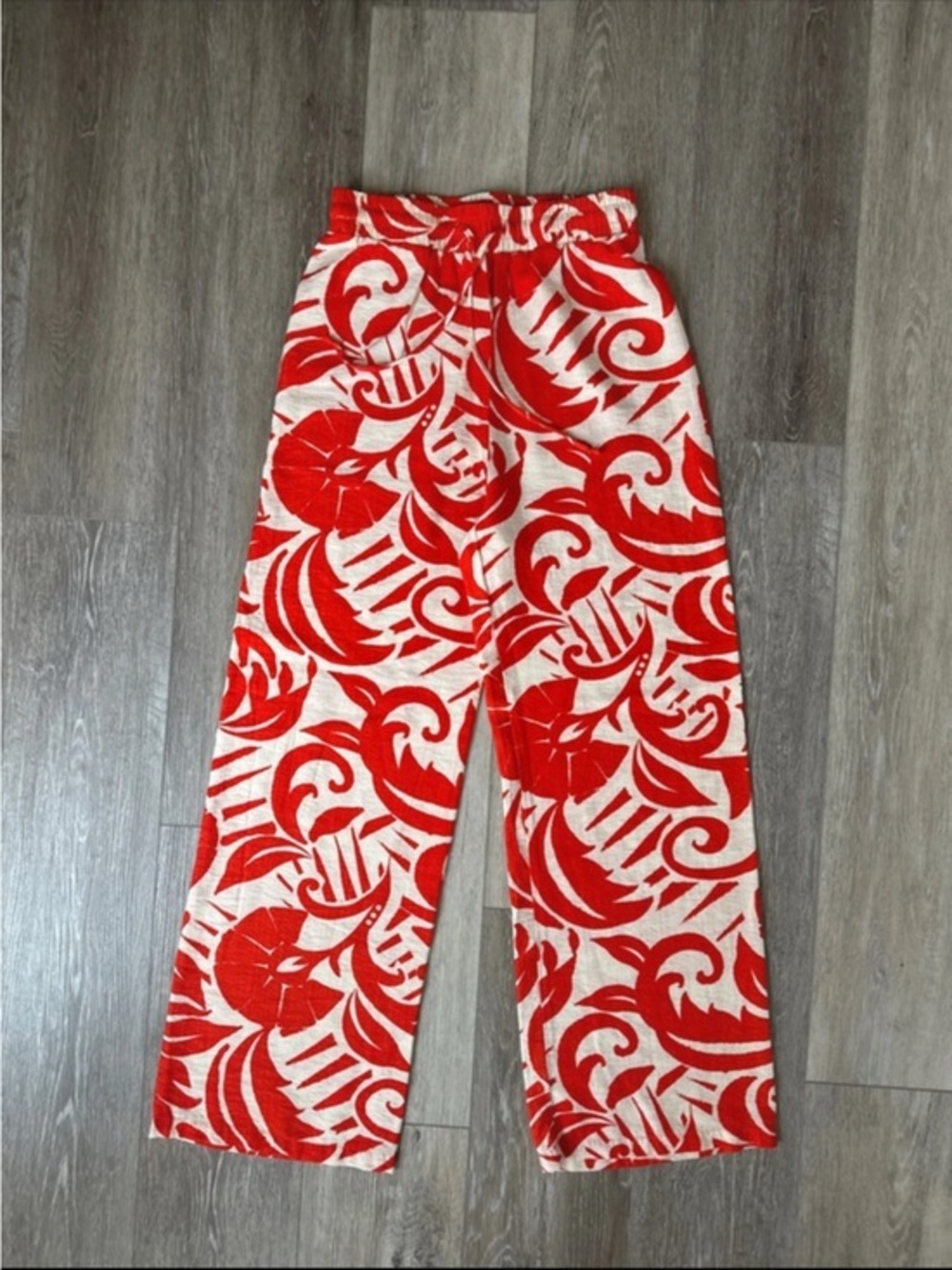 Red Floral Wide-Leg Pants with Elastic Waist